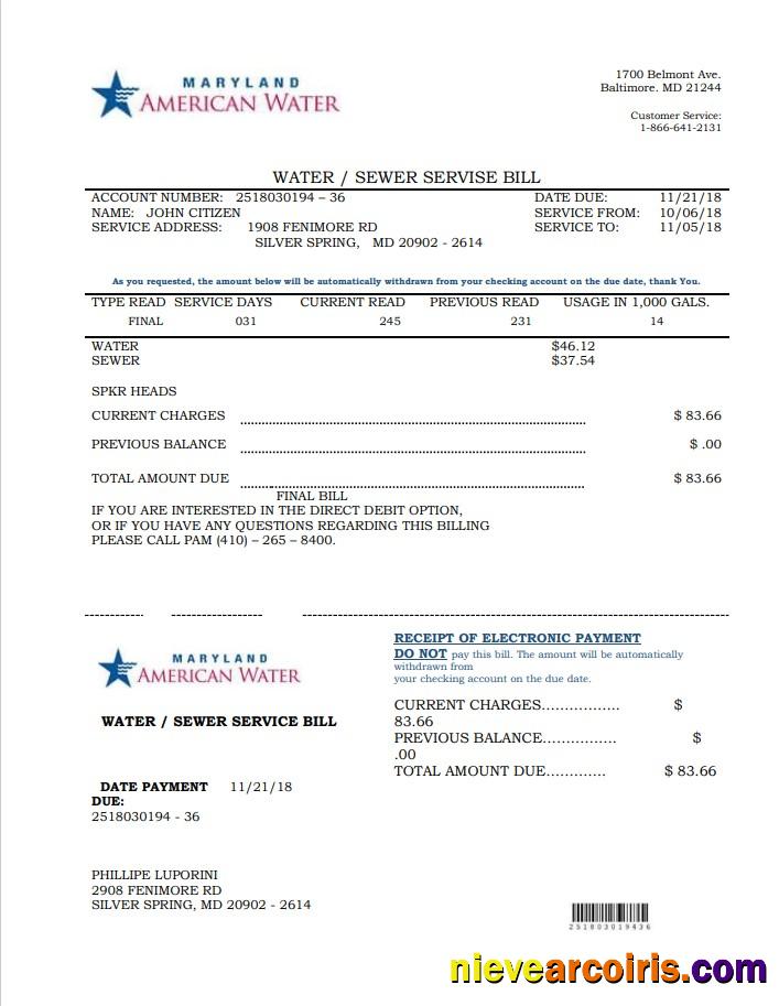 USA Maryland American water utility bill